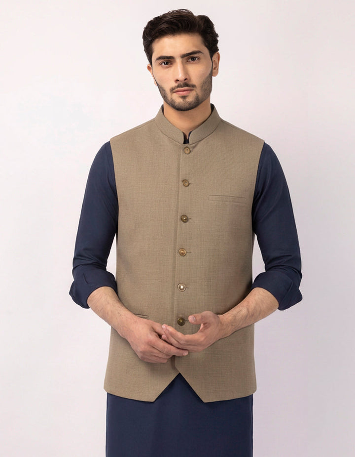 Polyester Khaki Waist Coat - J. Junaid Jamshed