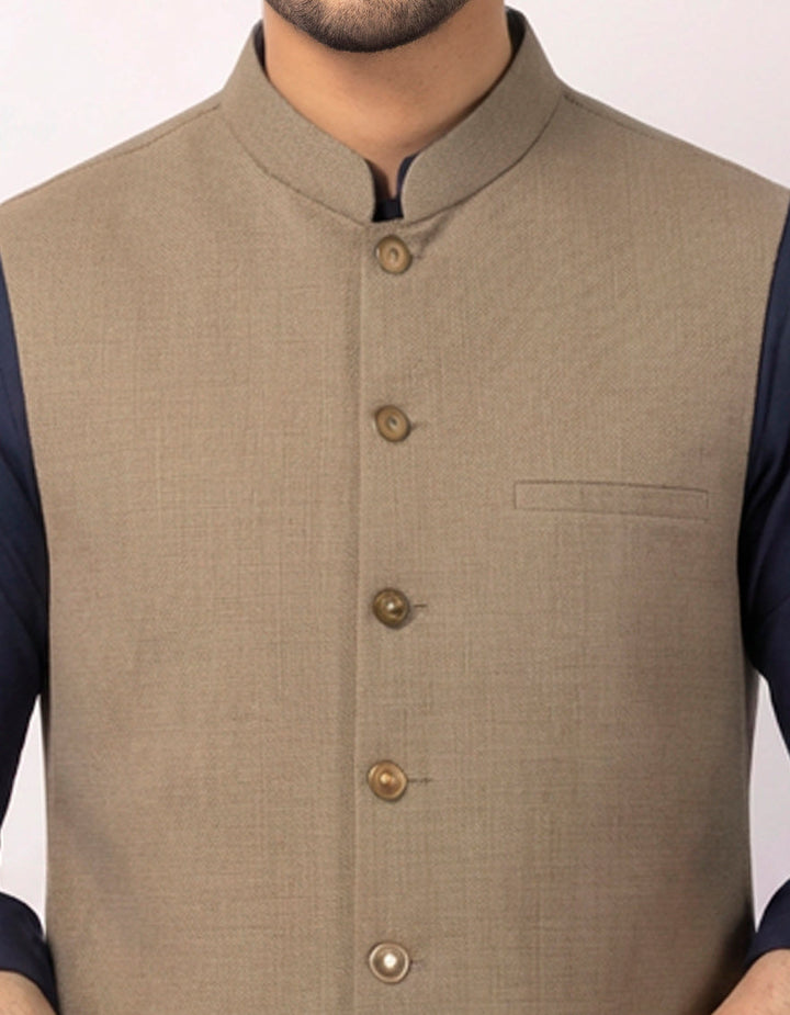 Polyester Khaki Waist Coat - J. Junaid Jamshed