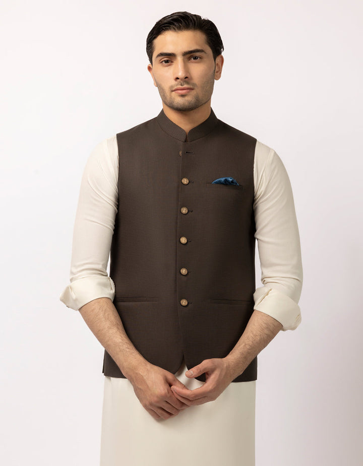 Polyester Dark Brown Waist Coat - J. Junaid Jamshed