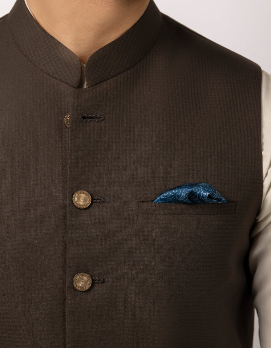 Polyester Dark Brown Waist Coat - J. Junaid Jamshed