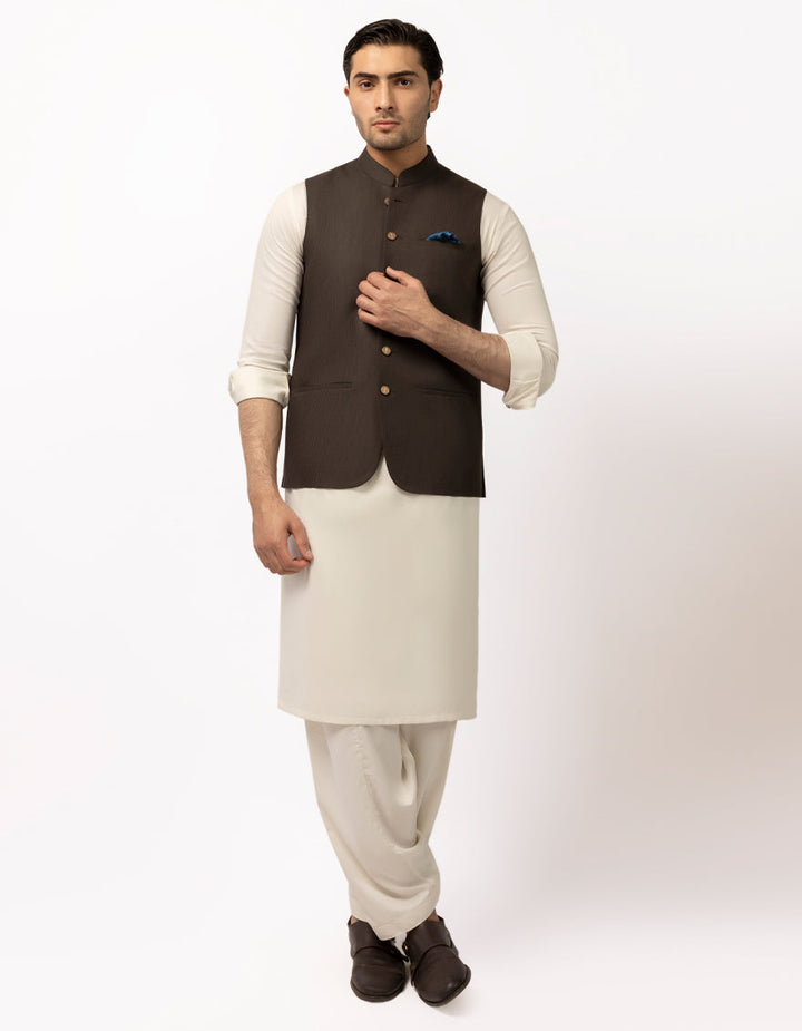 Polyester Dark Brown Waist Coat - J. Junaid Jamshed