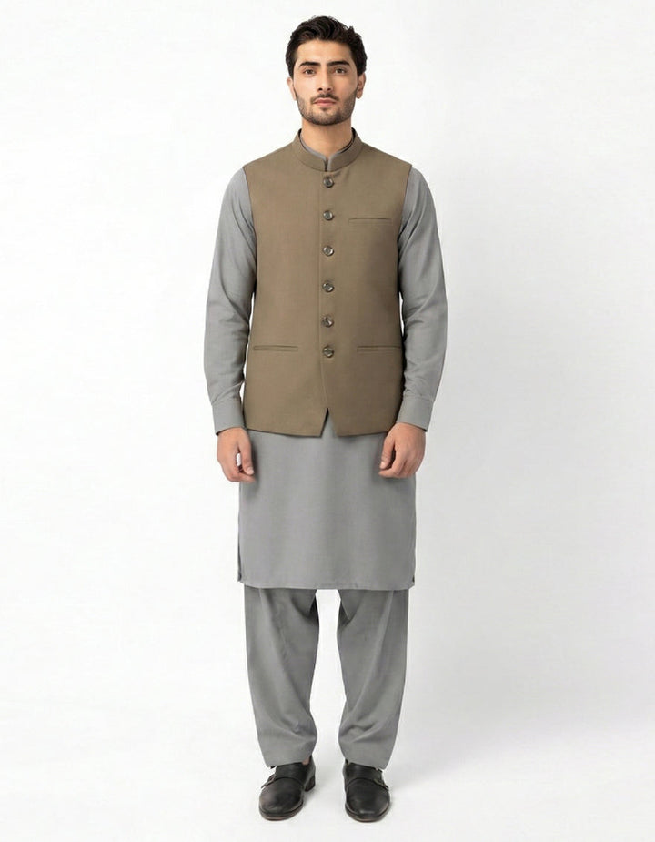 Blended Chestnut Brown Waist Coat - J. Junaid Jamshed
