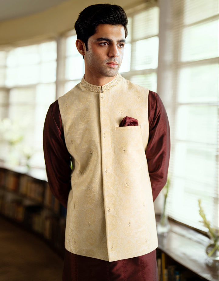 Blended Cream Waist Coat - J. Junaid Jamshed