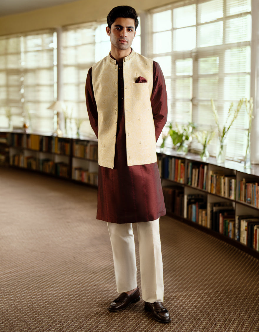 Blended Cream Waist Coat - J. Junaid Jamshed