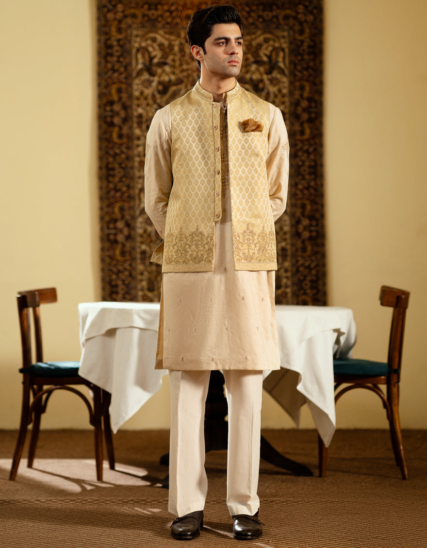 Polyester Dull Gold Waist Coat - J. Junaid Jamshed