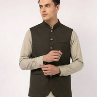 Suiting Dark Olive Waist Coat - J. Junaid Jamshed