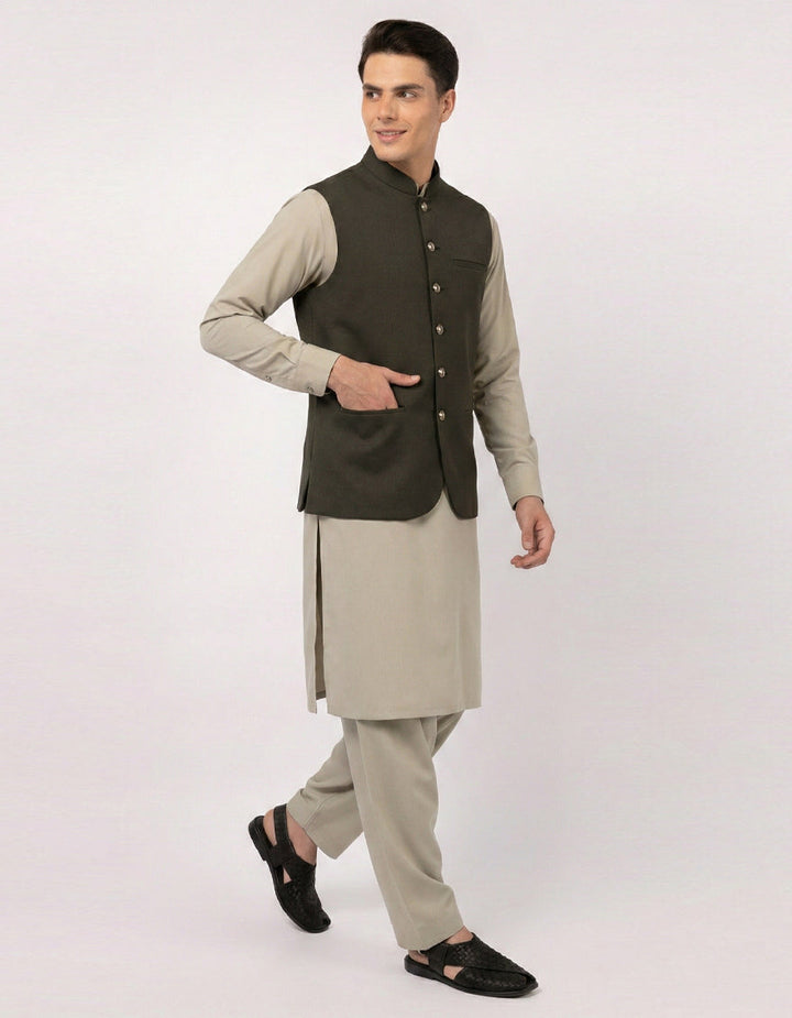 Suiting Dark Olive Waist Coat - J. Junaid Jamshed