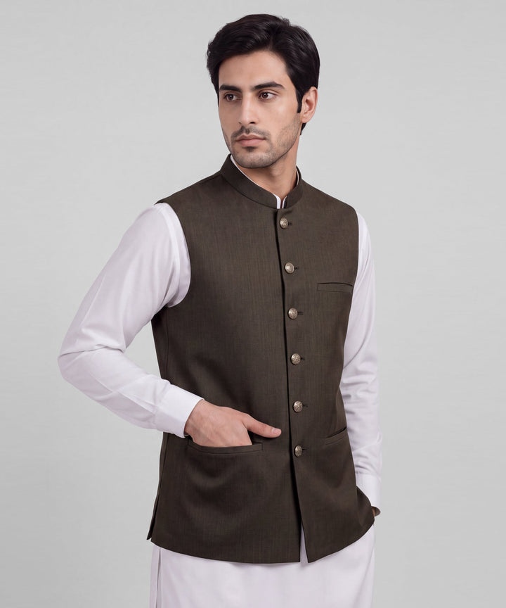 Polyester Brown Waist Coat - J. Junaid Jamshed