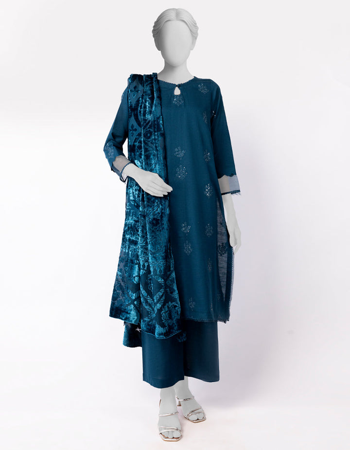 Khaddar Slub Teal Stitched Suit - J. Junaid Jamshed