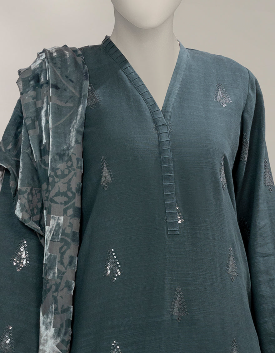 Khaddar Slub Green Stitched Suit - J. Junaid Jamshed