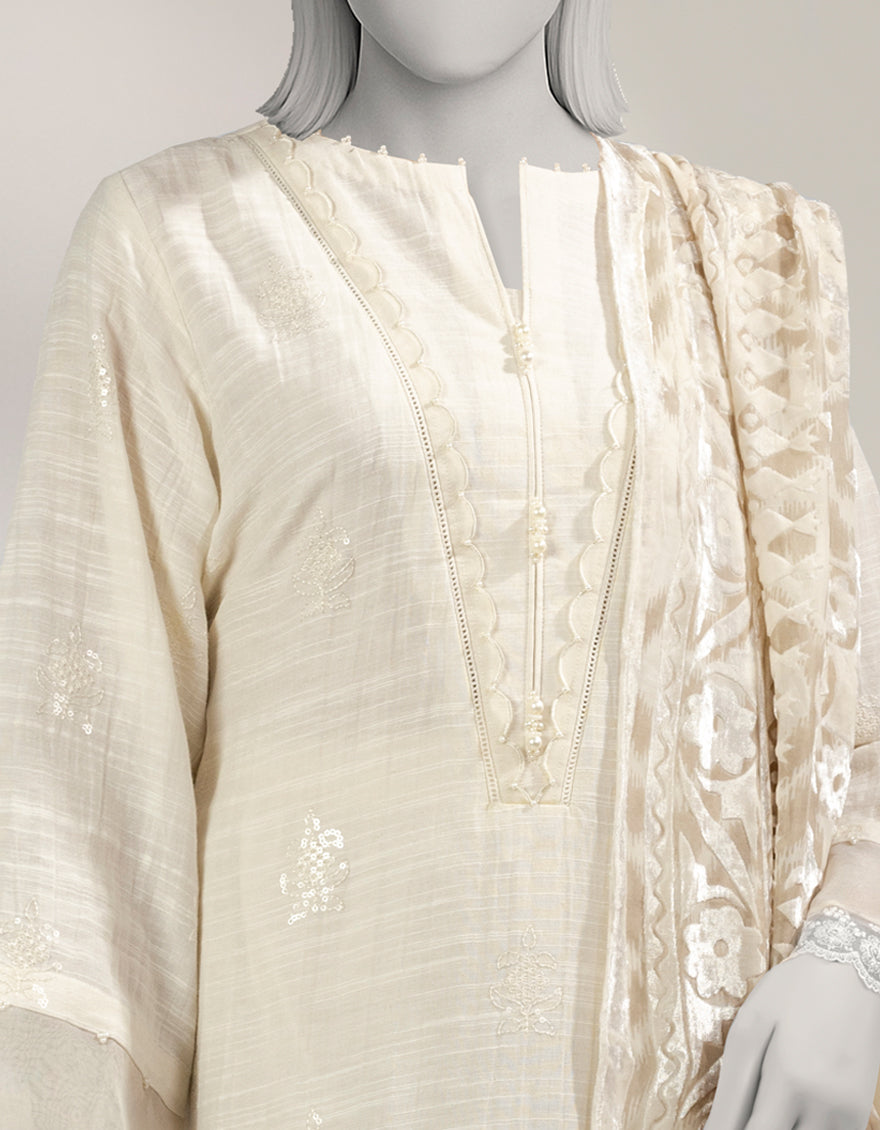 Khaddar Slub Off White Unstitched Suit - J. Junaid Jamshed