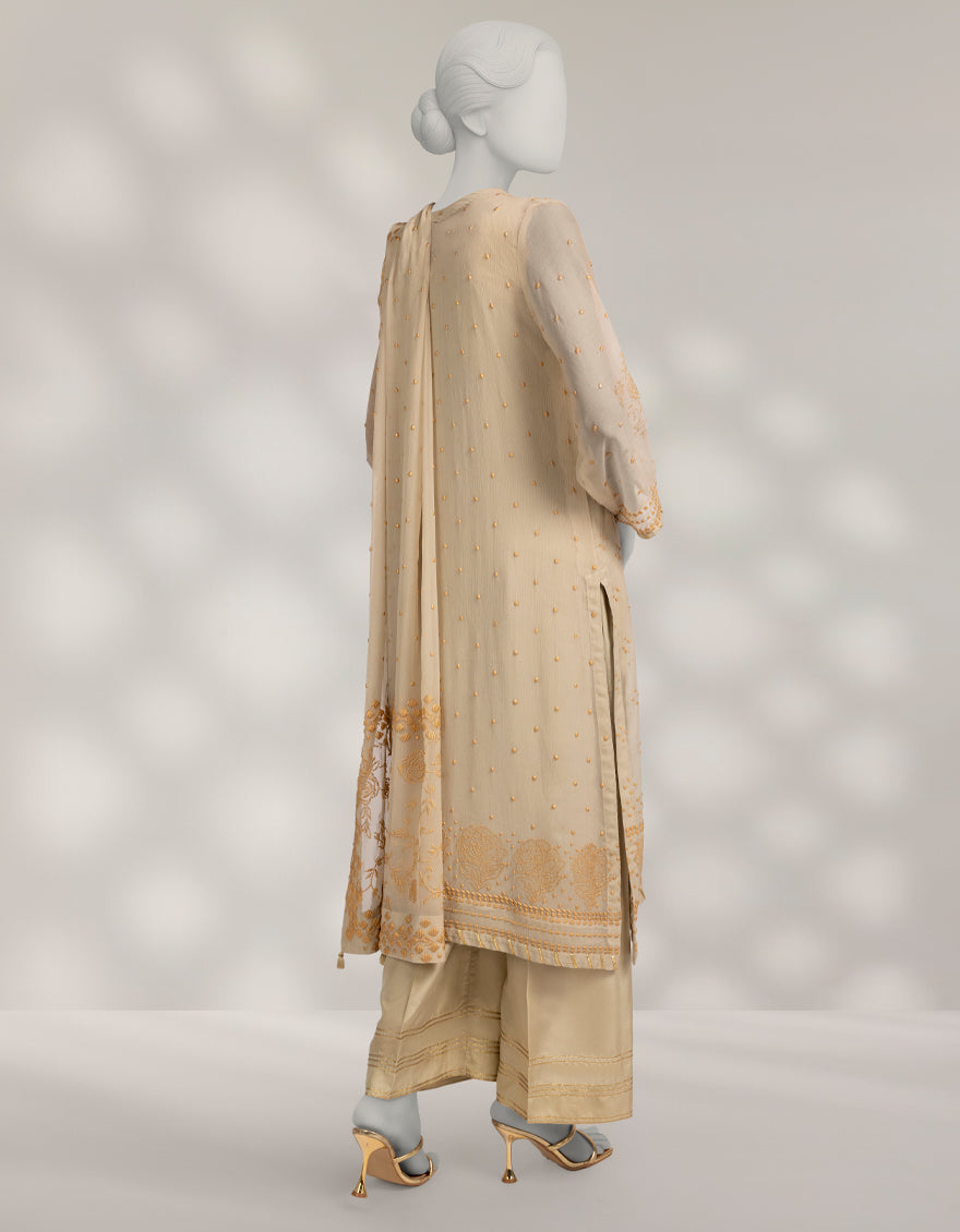 Impure Chiffon Beige Stitched Suit - J. Junaid Jamshed