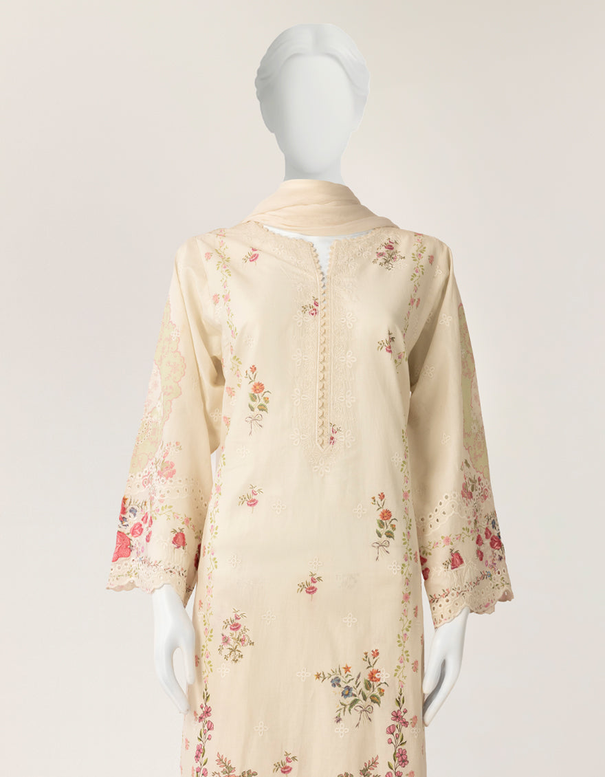 Lawn Silk Off White Stitched Suit - J. Junaid Jamshed