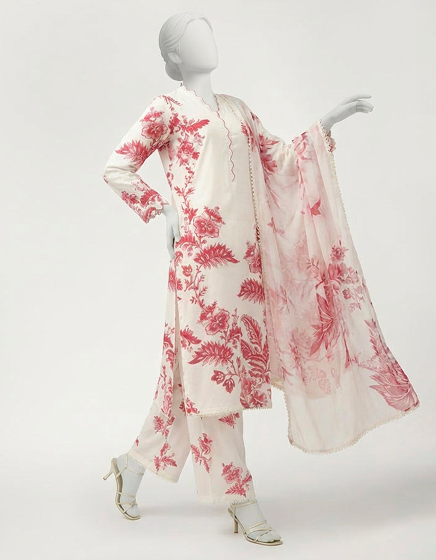 Lawn Off White Stitched Suit - J. Junaid Jamshed