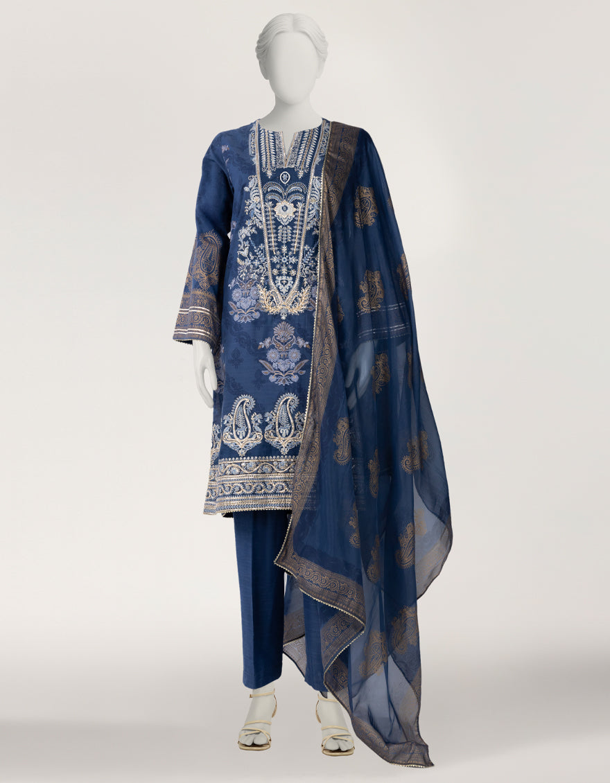 Raw Silk Blue Stitched Suit - J. Junaid Jamshed