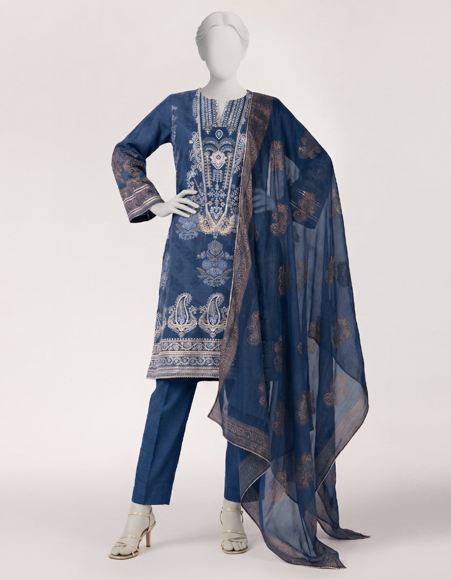 Raw Silk Blue Stitched Suit - J. Junaid Jamshed