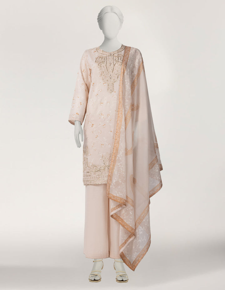 Raw Silk Peach Stitched Suit - J. Junaid Jamshed