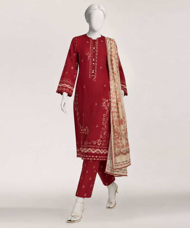 Lawn Red Stitched Suit - J. Junaid Jamshed