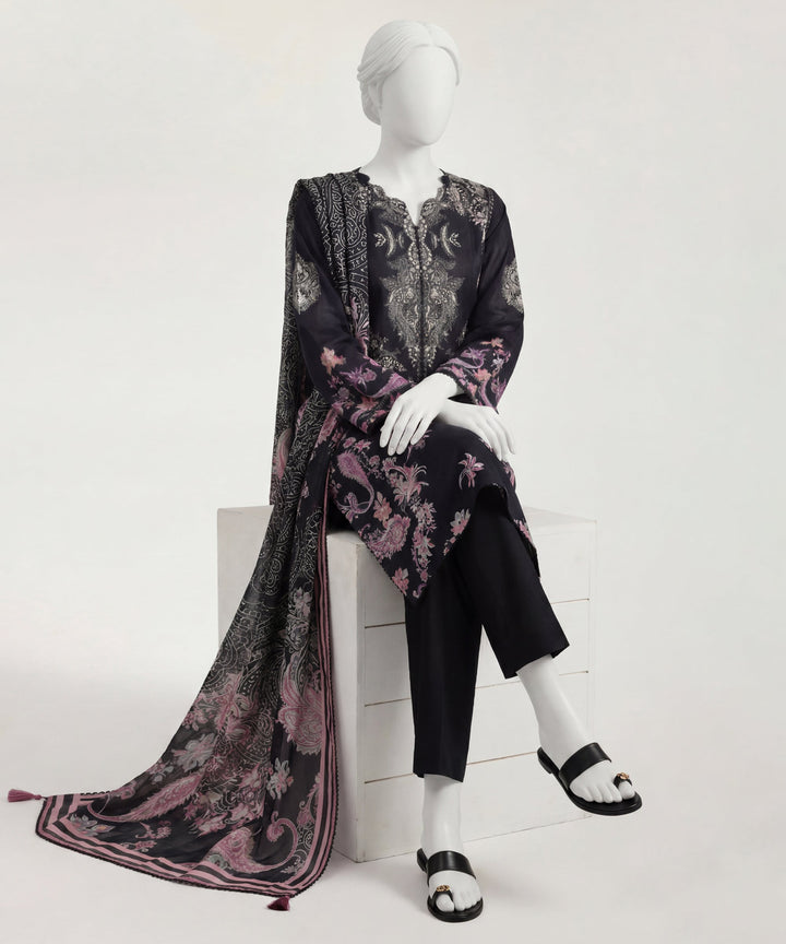 Lawn Black Stitched Suit - J. Junaid Jamshed