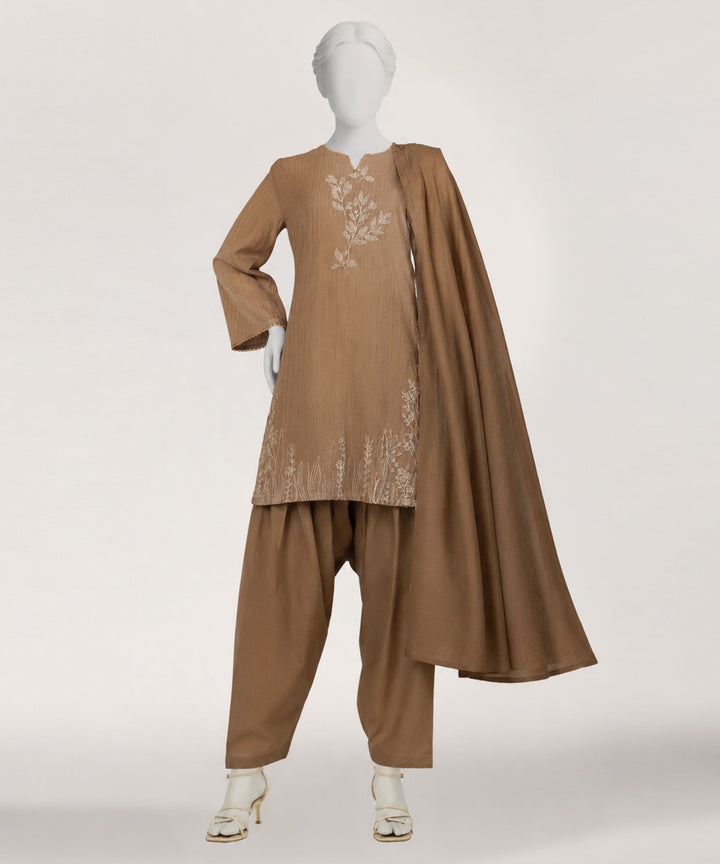 Dobby Brown Stitched Suit - J. Junaid Jamshed