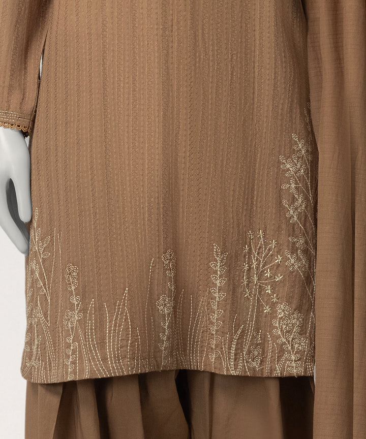 Dobby Brown Stitched Suit - J. Junaid Jamshed