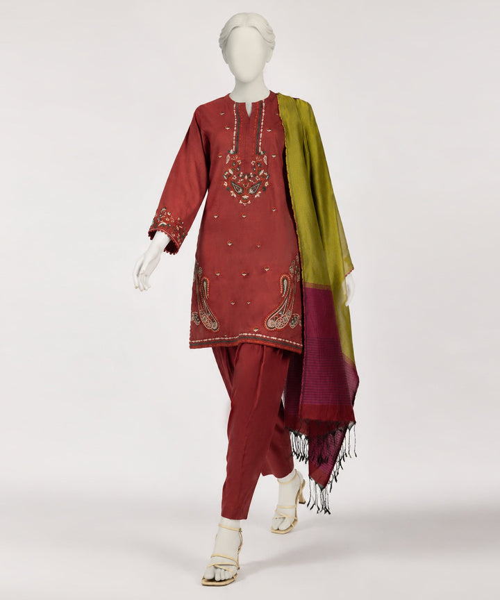 Jacquard Red Stitched Suit - J. Junaid Jamshed