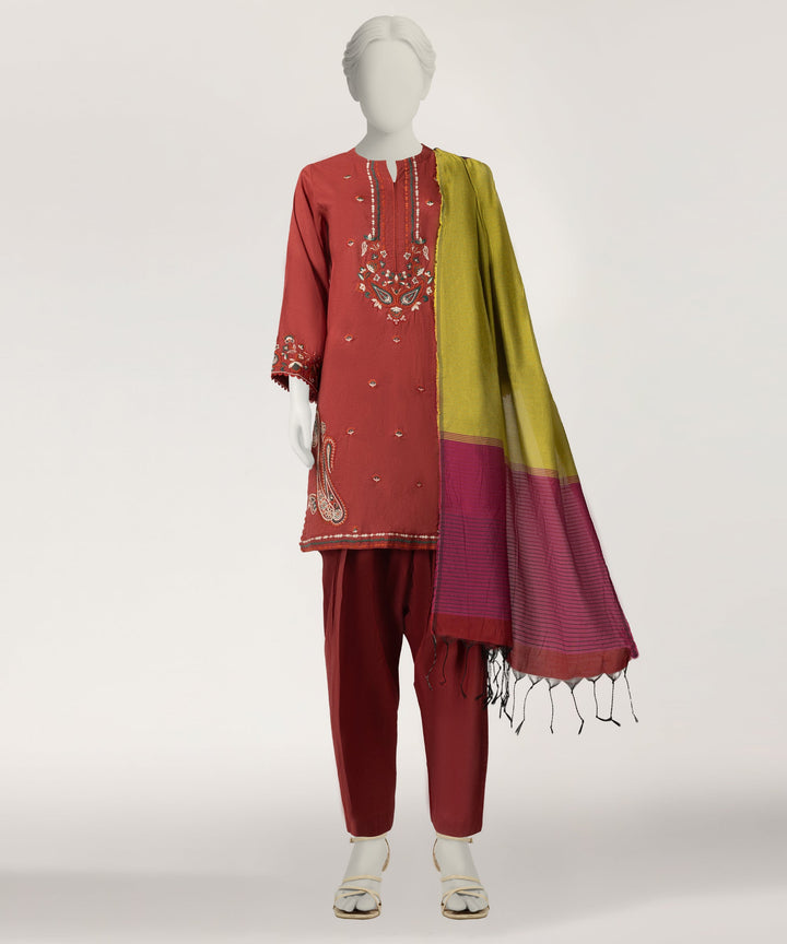 Jacquard Red Stitched Suit - J. Junaid Jamshed