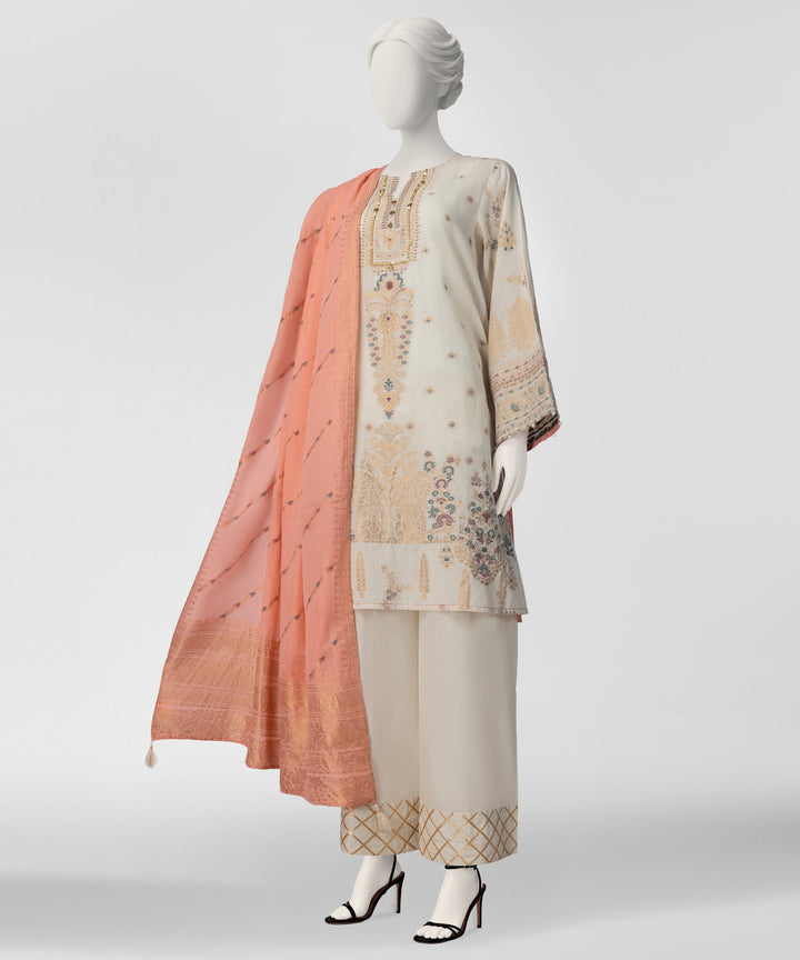Jacquard Off White Stitched Suit - J. Junaid Jamshed