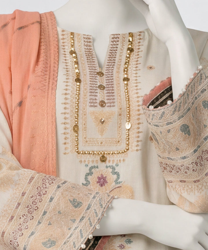 Jacquard Off White Stitched Suit - J. Junaid Jamshed