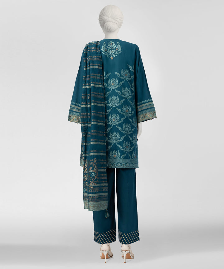 Jacquard Teal Stitched Suit - J. Junaid Jamshed