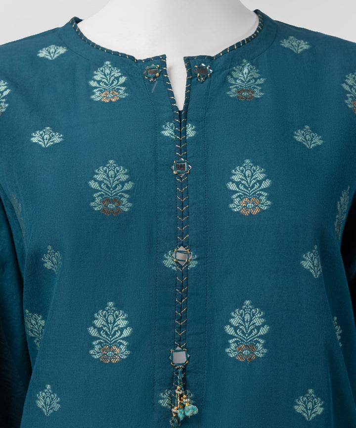 Jacquard Teal Stitched Suit - J. Junaid Jamshed