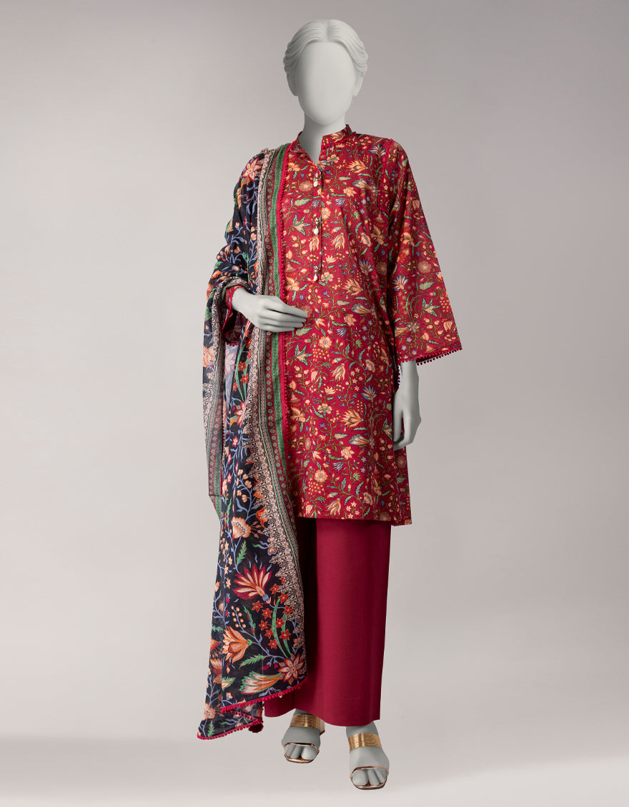 Lawn Red Unstitched Suit - J. Junaid Jamshed