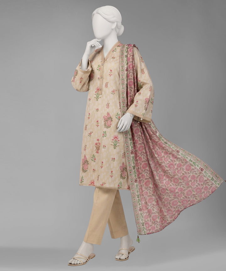 Lawn Beige Unstitched Suit - J. Junaid Jamshed