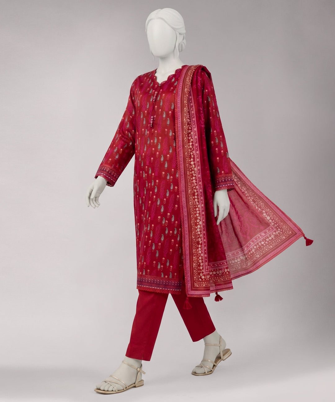 Lawn Red Unstitched Suit - J. Junaid Jamshed