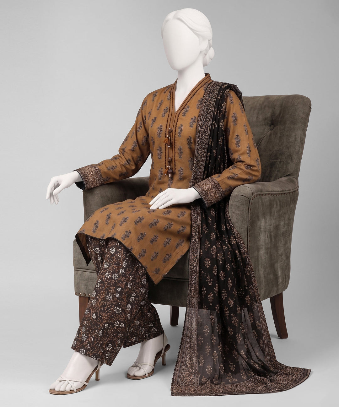 Lawn Brown Unstitched Suit - J. Junaid Jamshed