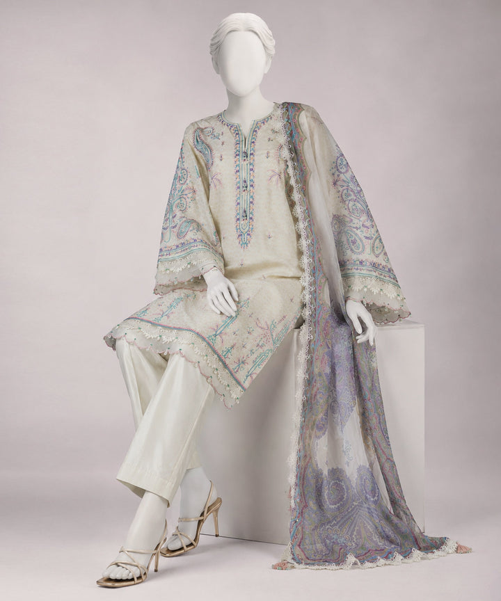 Lawn Beige Unstitched Suit - J. Junaid Jamshed