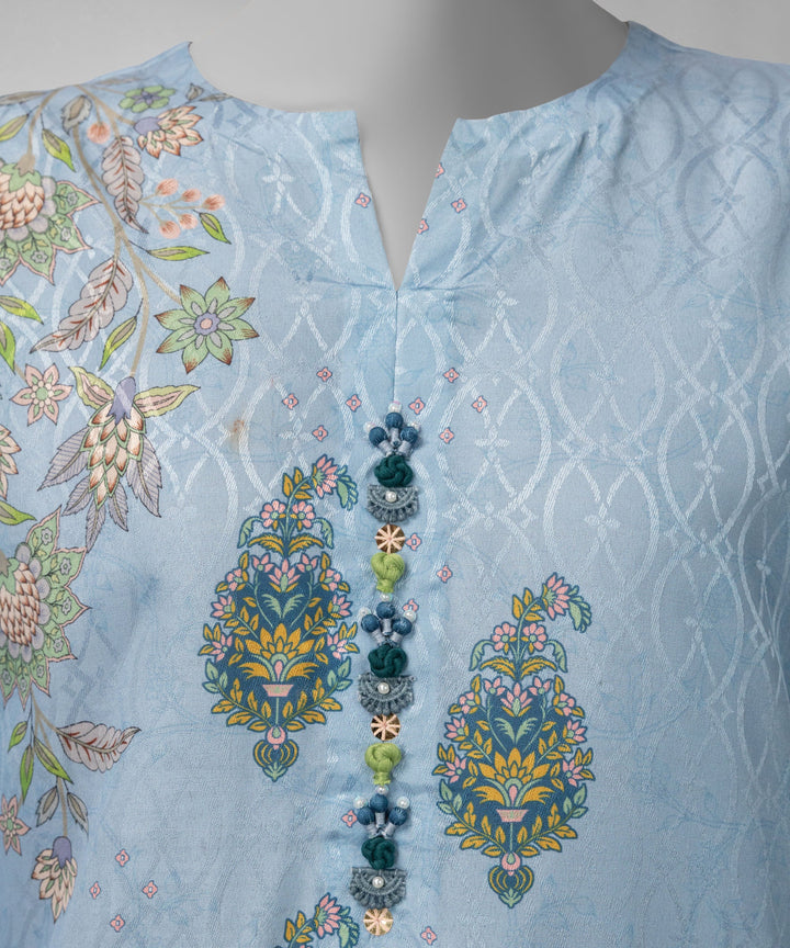 Poly Jacquard Sky Blue Unstitched Suit - J. Junaid Jamshed