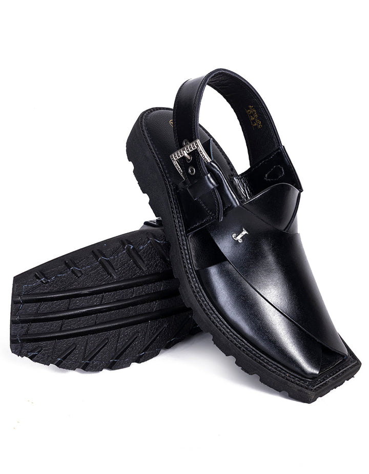 Plain Black Peshawari Chappal - J. Junaid Jamshed