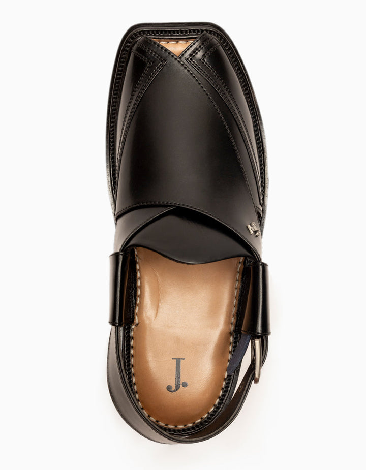 Plain Shiny Black Peshawari Chappal - J. Junaid Jamshed