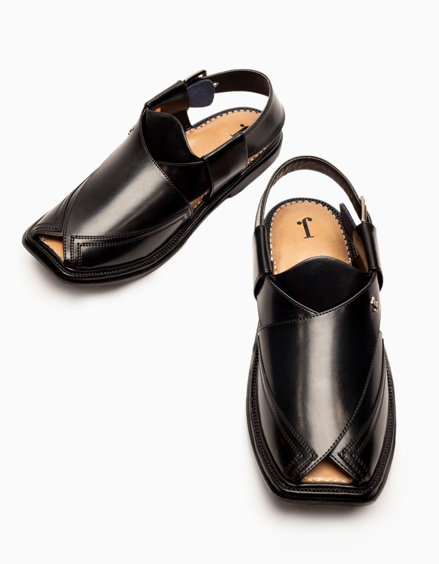 Plain Shiny Black Peshawari Chappal - J. Junaid Jamshed
