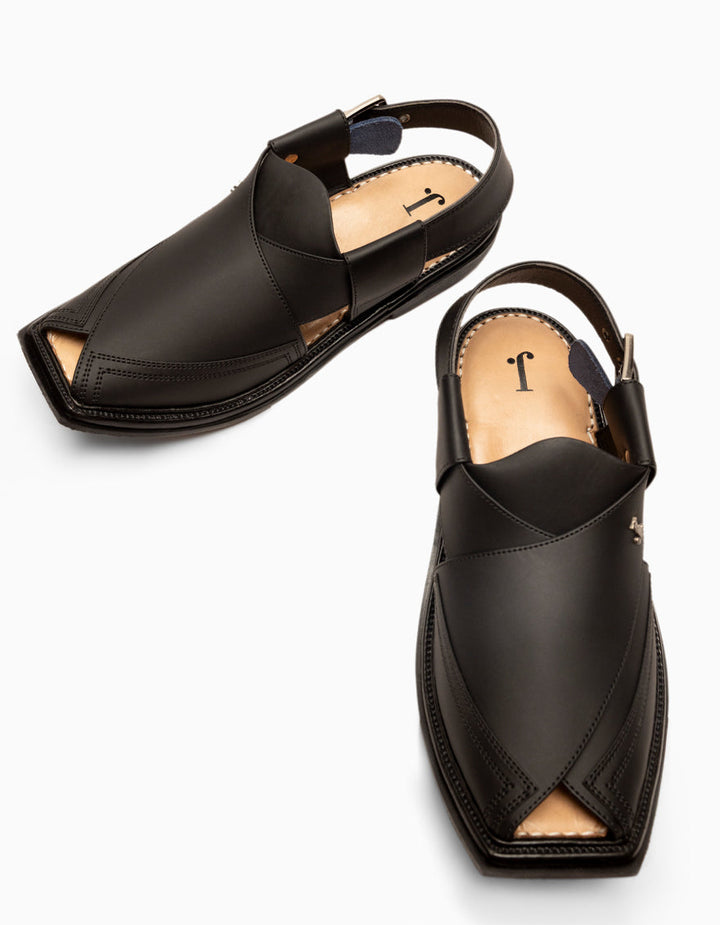 Plain Matt Black Peshawari Chappal - J. Junaid Jamshed