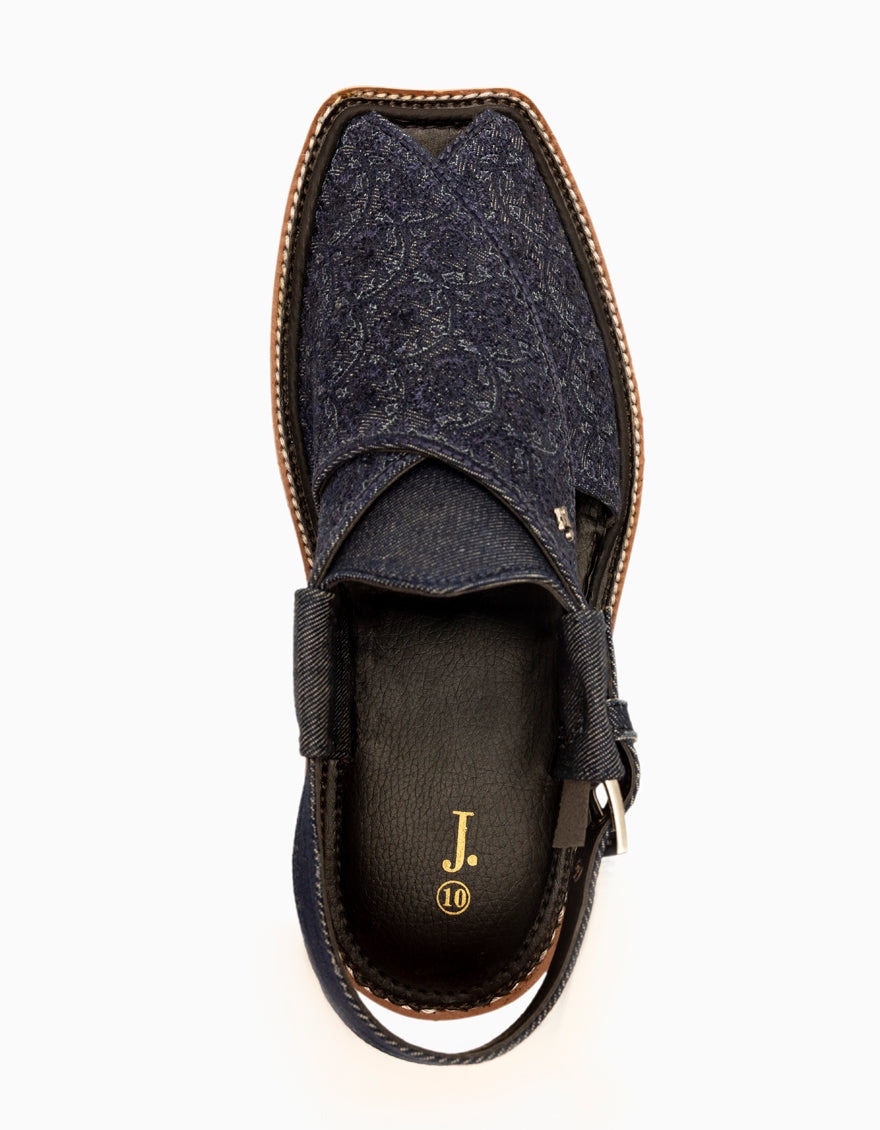 Plain Denim Blue Peshawari Chappal - J. Junaid Jamshed