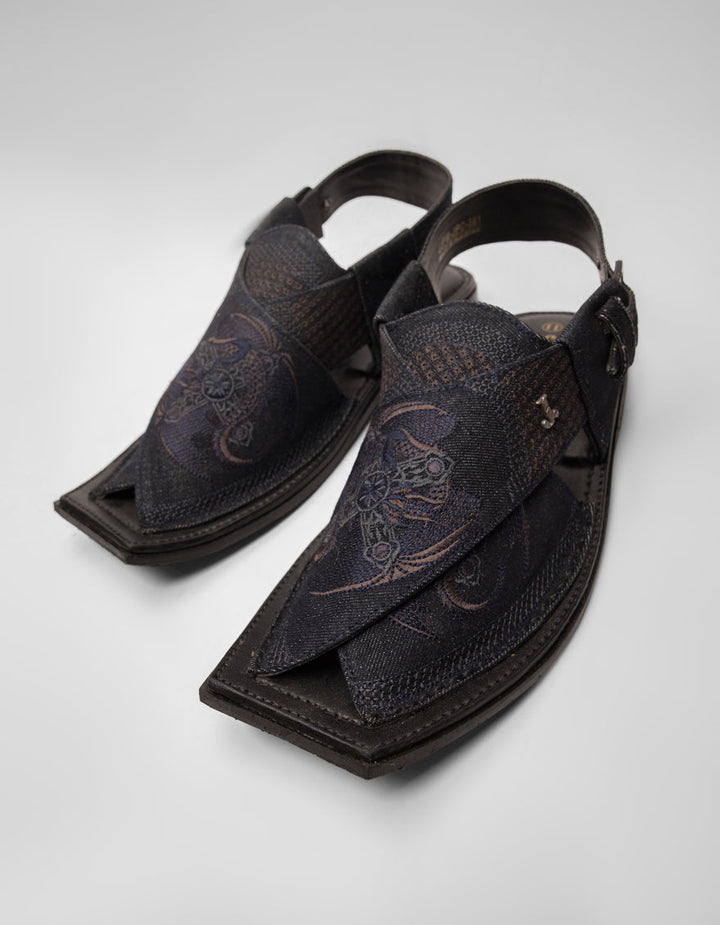 Plain Denim Black Peshawari Chappal - J. Junaid Jamshed