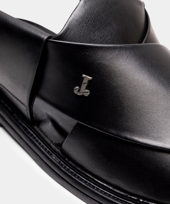 Plain Black Peshawari Chappal - J. Junaid Jamshed
