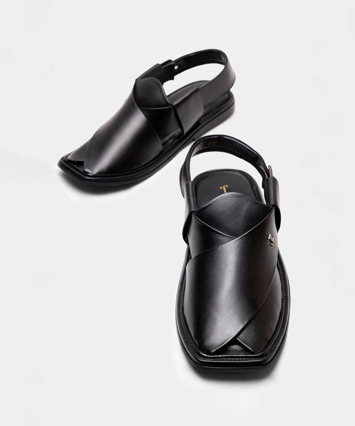 Plain Black Peshawari Chappal - J. Junaid Jamshed