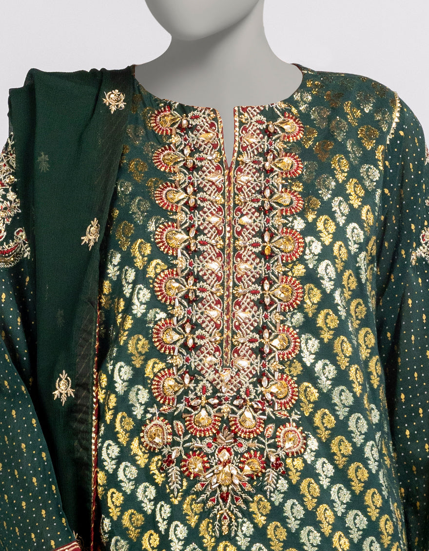 Jacquard Green Stitched Suit - J. Junaid Jamshed
