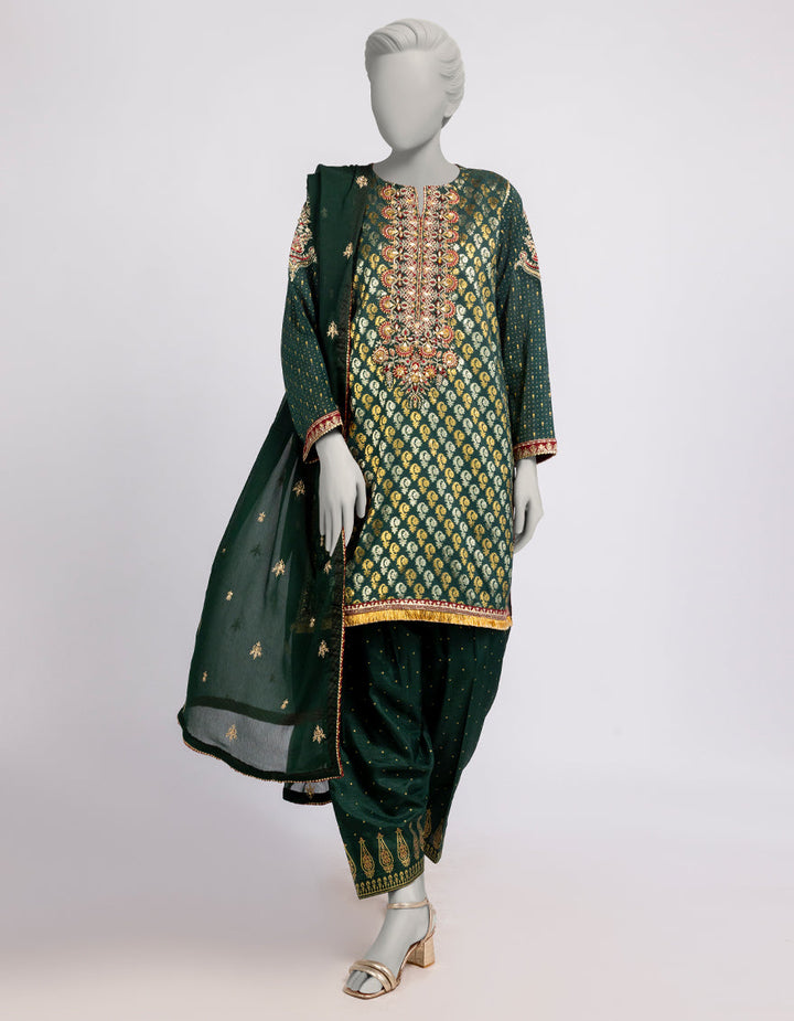 Jacquard Green Stitched Suit - J. Junaid Jamshed