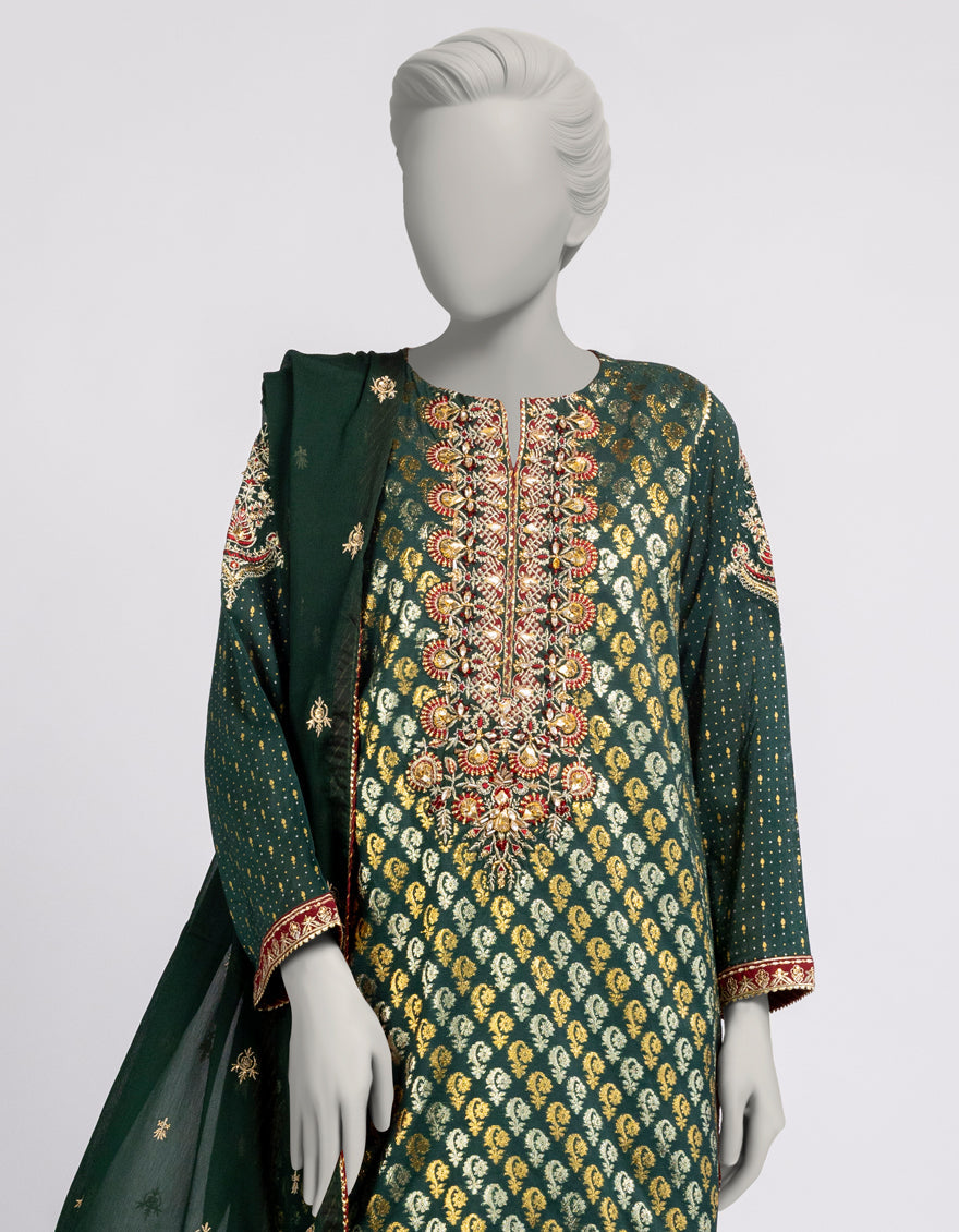 Jacquard Green Stitched Suit - J. Junaid Jamshed