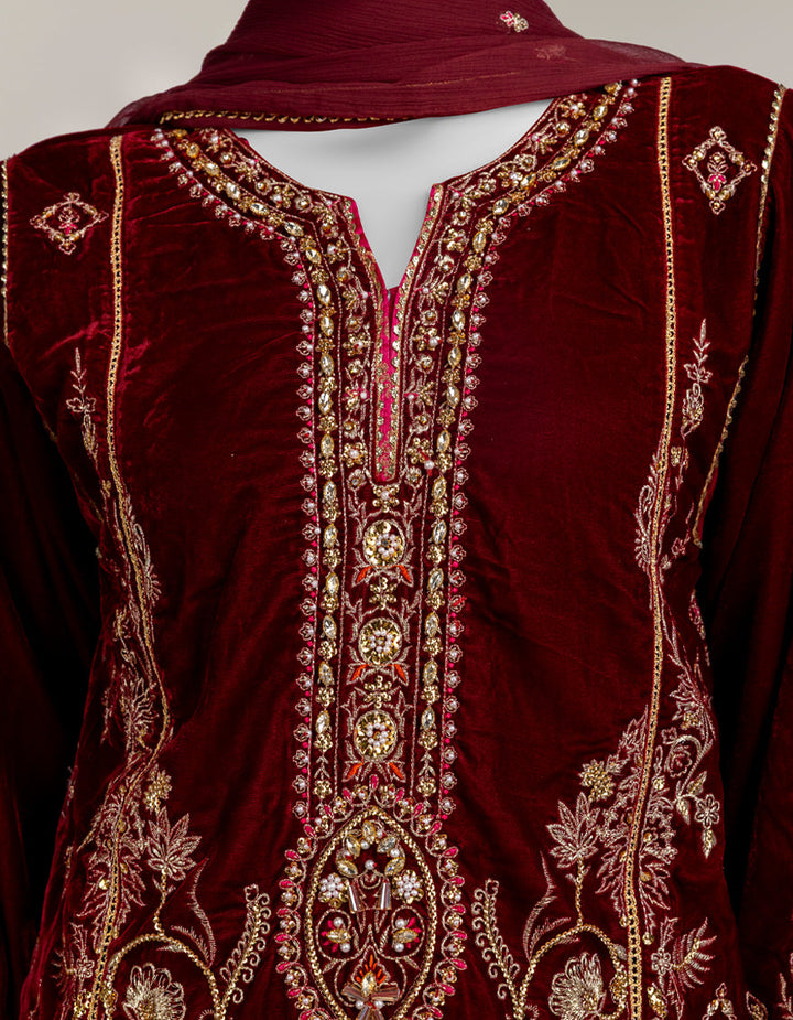 Velvet Maroon Stitched Suit - J. Junaid Jamshed