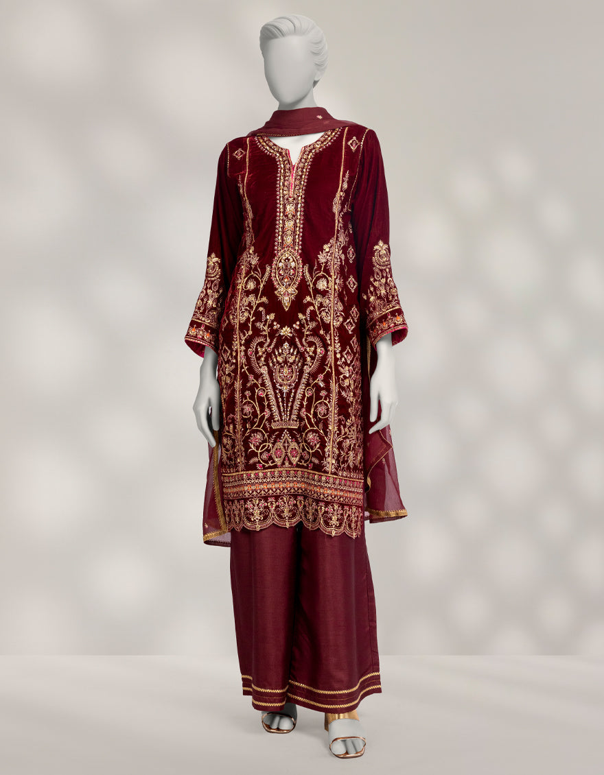 Velvet Maroon Stitched Suit - J. Junaid Jamshed